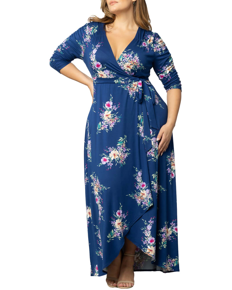 Front of a model wearing a size 4X Meadow Dream Maxi Dress in BLUE FLORAL PRINT by Kiyonna. | dia_product_style_image_id:353086